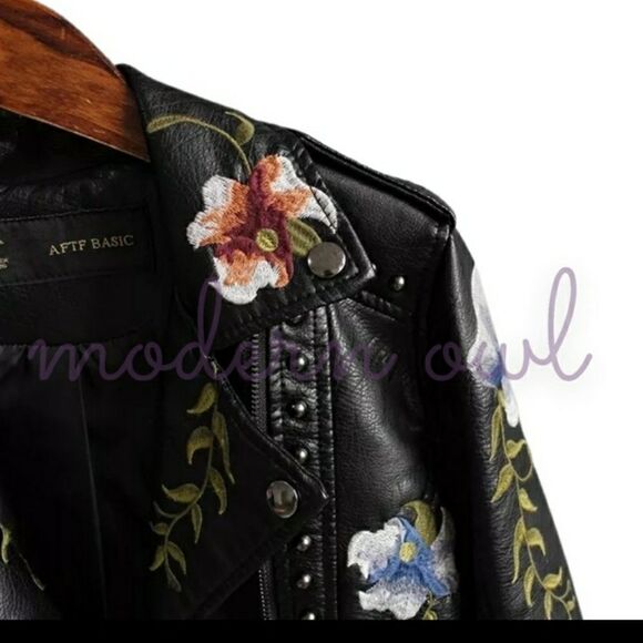 Leather Floral/accented Faux leather Moto Jacket sz L 8-10 XXL 14-16 - Picture 14 of 16